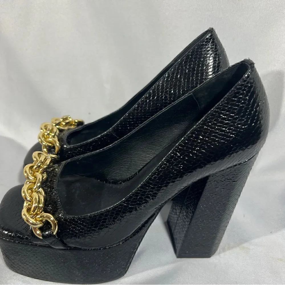 JEFFREY CAMPBELL CASEY CHAIN PLATFORM HEELS IN BLACK SNAKE SIZE 8